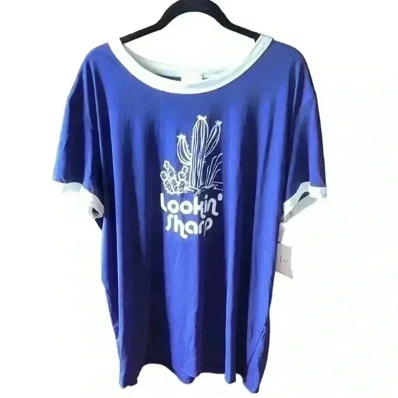Lularoe 3XL blue graphic T-shirt. “Looking Sharp”‎ NWT . Mint trim . - Picture 1 of 4